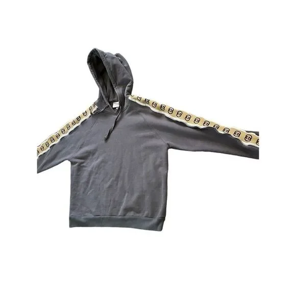 Gucci Interlock G Gray Hoodie With Tan Logo Stripe Sleeve Men’s XXL
